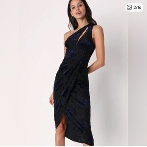 Lulus Drinks at Dusk Floral Burnout Velvet One Shoulder Dress Blue Size Large